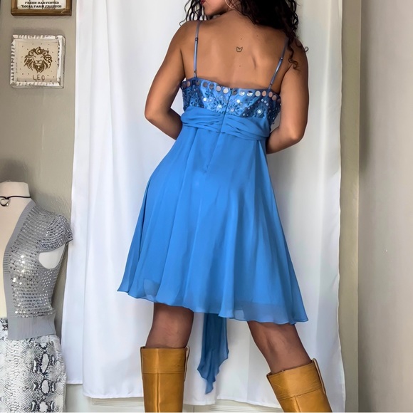 BCBGMaxAzria Embellished Blue Silk Chiffon Cocktail Mini Dress - Picture 3 of 3